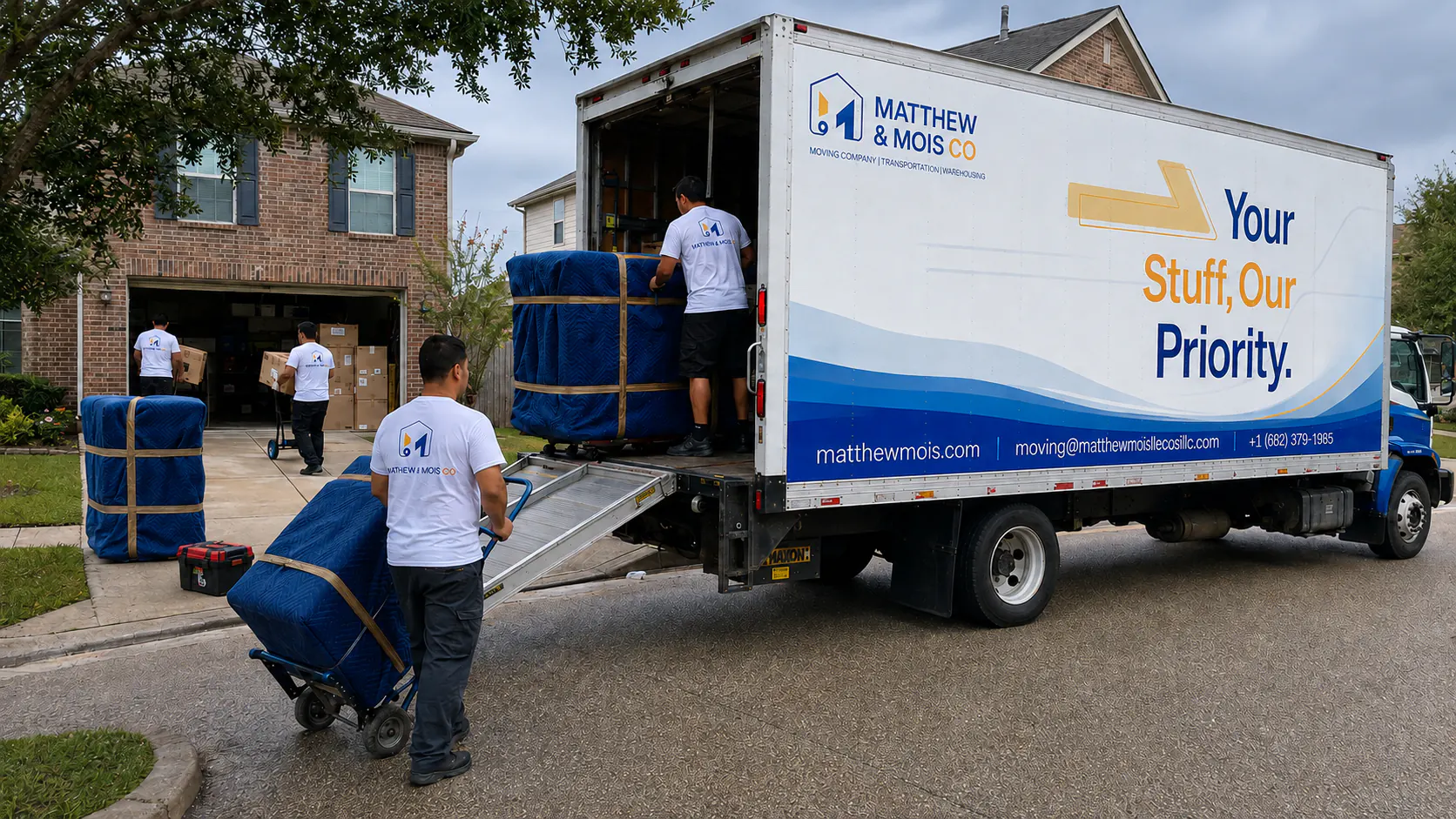 Matthew & Mois crew loading blanket-wrapped furniture into a branded moving truck outside a Texas home