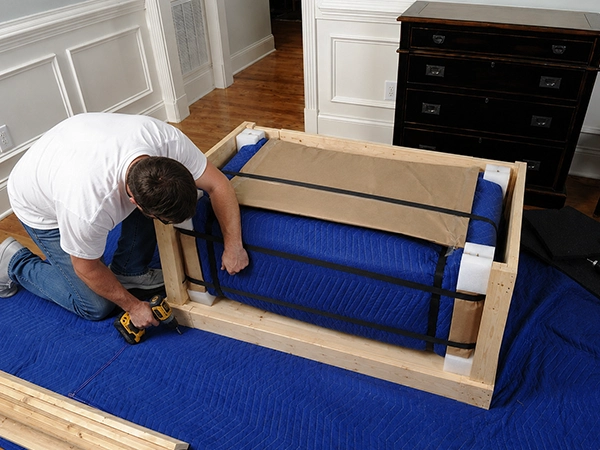 Mover building a custom wooden crate around a padded piece of furniture