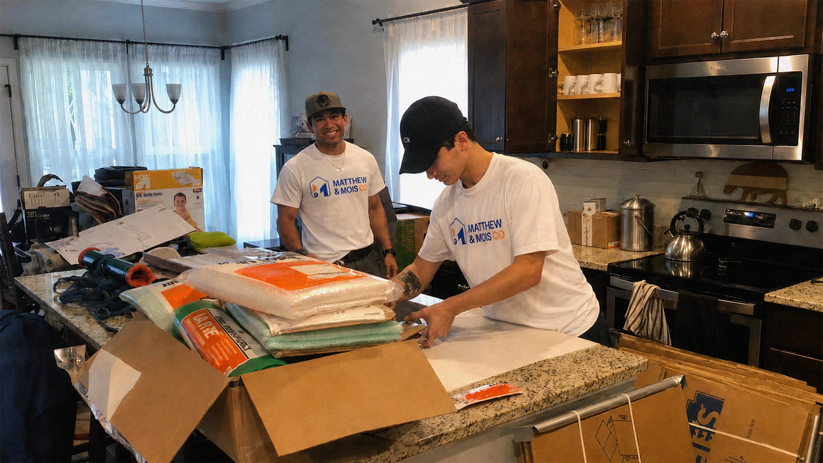 Two Matthew and Mois crew members packing at a kitchen island, with protective wrap and paper stacked beside an open carton