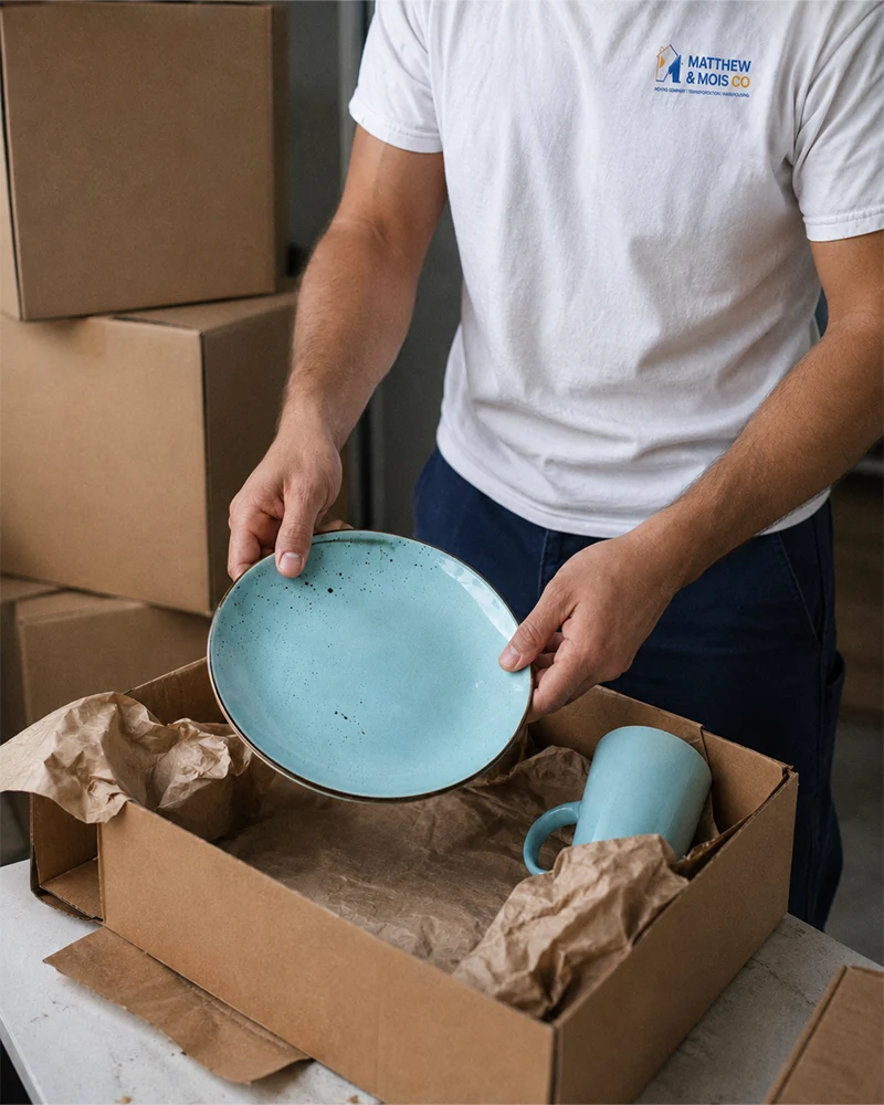 Matthew & Mois mover placing a ceramic plate into a carton cushioned with packing paper