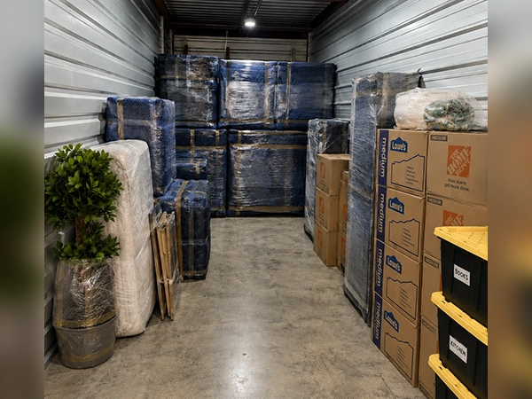 Blanket-wrapped furniture, shrink-wrapped pallets and labeled cartons stacked on the floor inside the Matthew & Mois warehouse