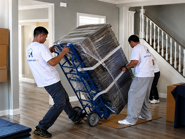 Two movers easing a tall shrink-wrapped piece along on a four-wheel dolly, floor protection laid down and a staircase behind them