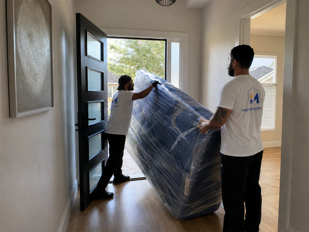 Two movers carrying a wrapped sofa out through a front doorway while one of them holds the door clear
