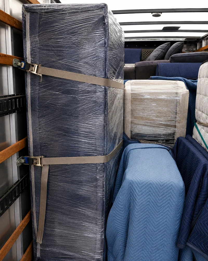 A tall wrapped piece strapped upright against the wall rail of a loaded moving truck beside blanket-wrapped furniture