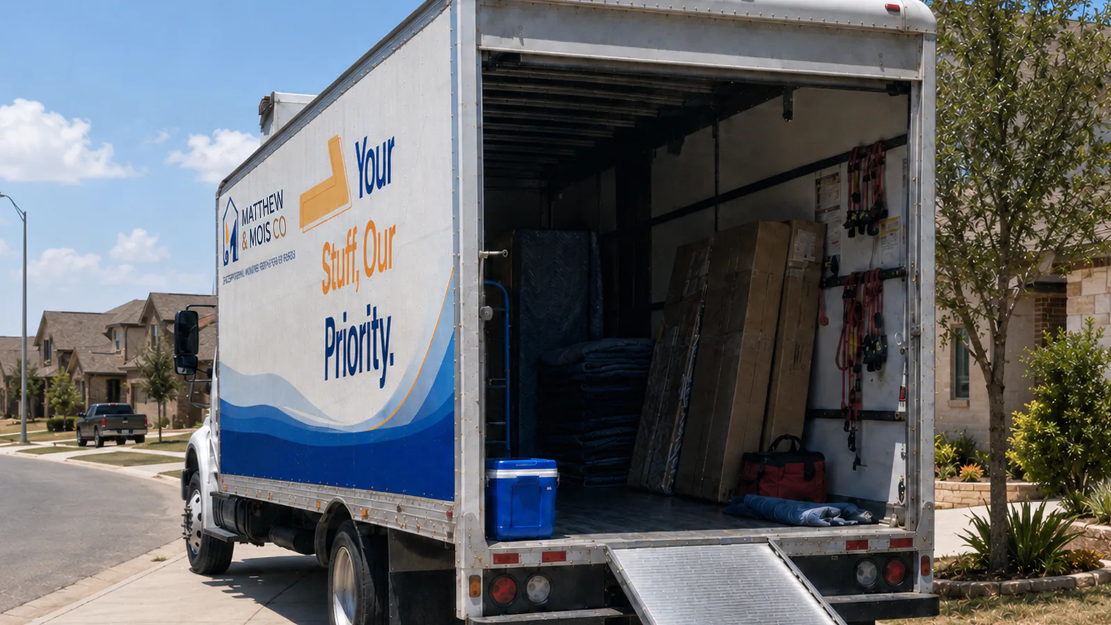 A Matthew and Mois box truck parked at the curb of a Texas neighborhood with its roll door up and ramp down, moving blankets, straps and wardrobe cartons loaded inside
