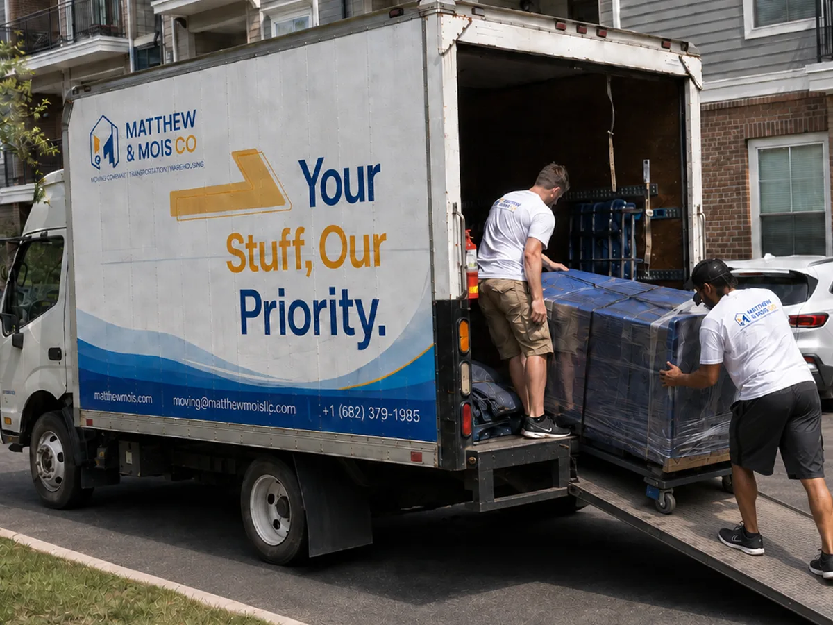 Two Matthew and Mois movers wheeling a shrink-wrapped load up the ramp into their branded box truck outside an apartment building
