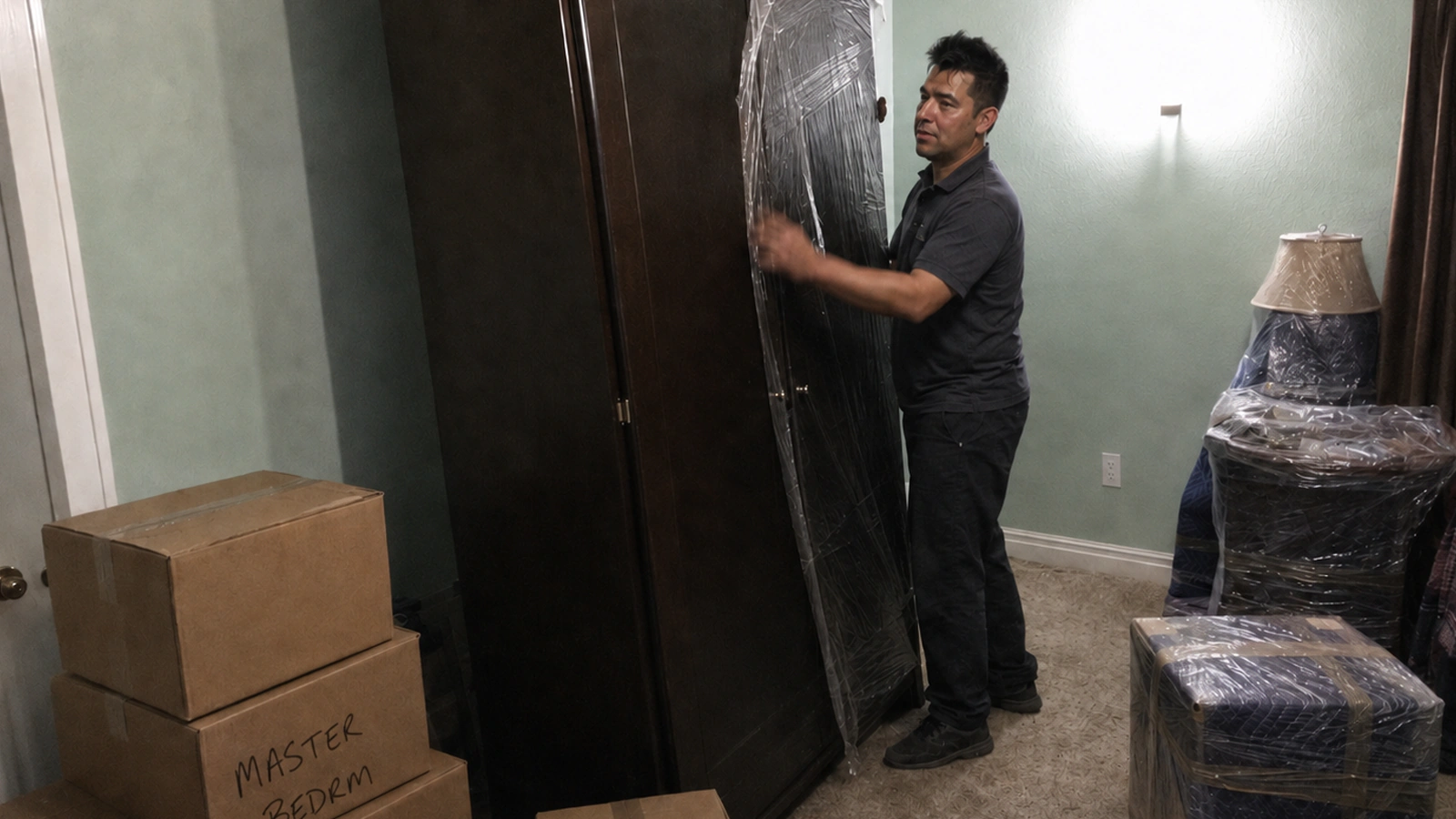 A mover wrapping a tall wardrobe in stretch film in a bedroom, with cartons marked for the master bedroom stacked beside it