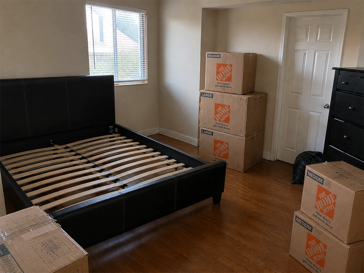 A bed frame put back together and standing in the delivery bedroom with its slats in place, packed cartons still closed against the wall